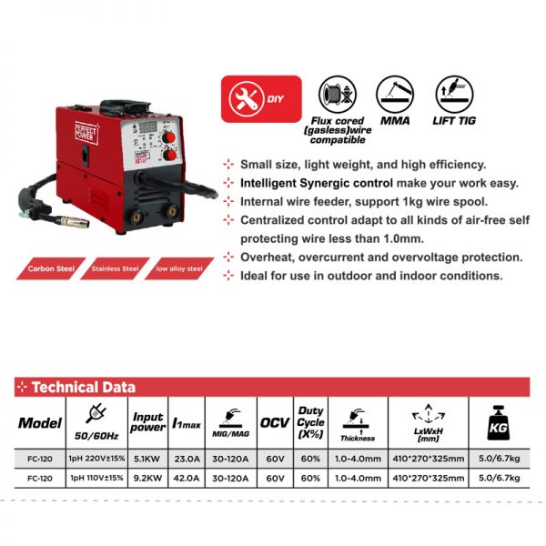 FC-120 Gasless Flux Cored Wire Welder Inverter Welding Machine With MMA