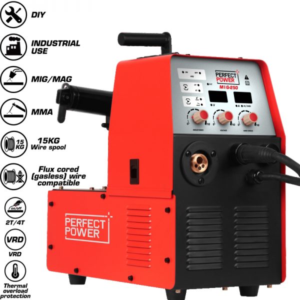 Perfect Power IGBT Mig Welding Machine MIG-250 GAS GASLESS 5KG 15KG 250A MIG MAG MMA FLUX CORED 3 IN 1 Inverter MIG Welder